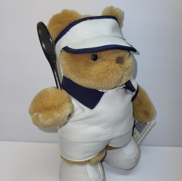 Tennis Pro Tan Teddy Bear Plush Vintage White outfit with Black Racket Golf Bear - Picture 7 of 10